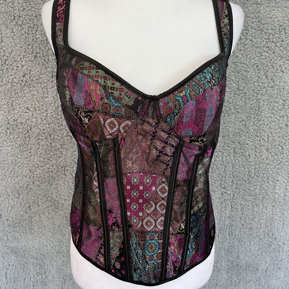 Tapestry Corset Top Jewel Tone Patchwork Lace Up Back Whimsigoth